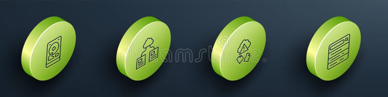 Setați pictograma pentru transfer de date și pentru motorul de căutare pe hard disk-ul de linie izometric HDD pentru tehnologia de vector illustration