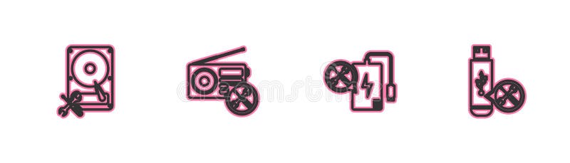 Setați pictograma Power Bank pentru unități hard disk de linie și pictograma USB Flash. vector stock illustration