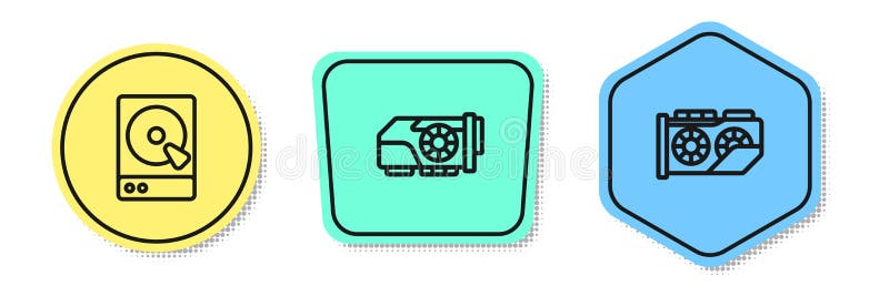 Setați placa grafică pentru hard disk pe linie cu placă grafică video și. forme colorate. vector royalty free illustration