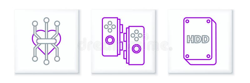 Setați procesorul de hard disk de linie și pictograma pentru gamepad. vector stock illustration