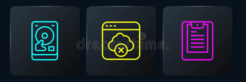 Setați raportul de date al serverului hard disk pe linie și accesul nereușit la stocarea în cloud. buton pătrat negru. vector vector illustration