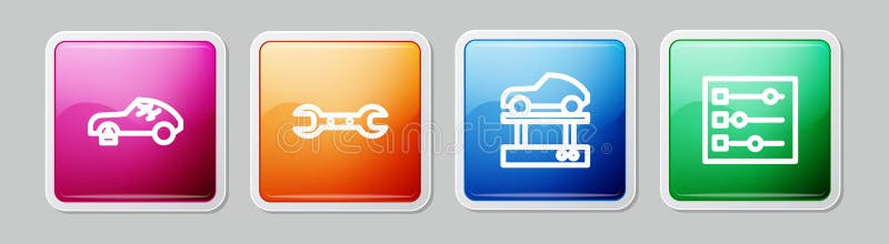 Setați reparațiile pentru cheie întrerupte ale mașinii, pentru ridicare și configurarea mașinii. buton pătrat colorat. vector stock illustration