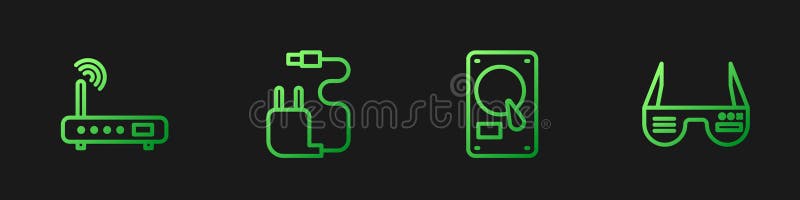 Setați ruter cu hard disk pe linie și încărcător de semnale wifi și ochelari deștepți. pictograme culori gradient. vector stock illustration