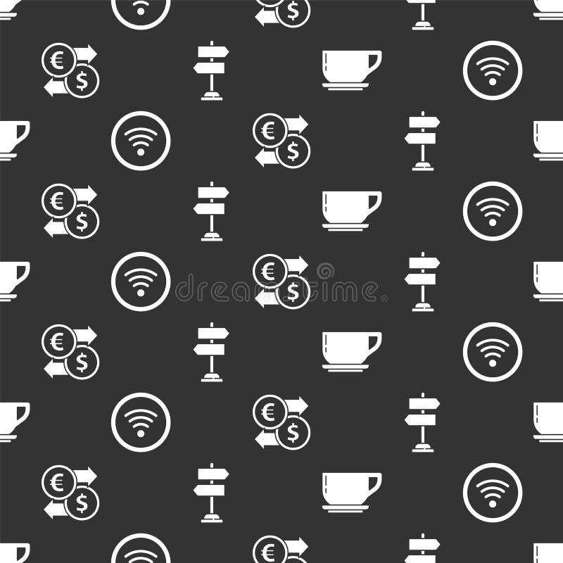 Setați schimbul de bani pentru rețeaua wireless de internet wireless pentru cafea și semnalizarea traficului rutier fără întrerupe vector illustration