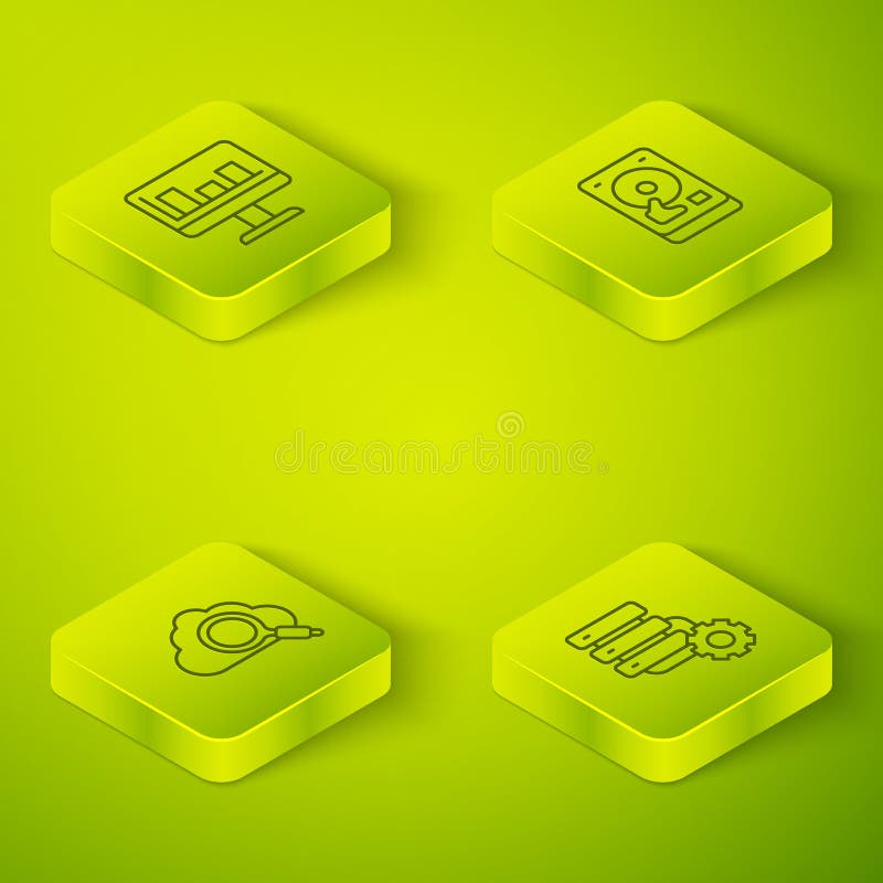 Setați serverul de calcul de tip cloud cu hard disk de linie izometrică cu ajutorul serverului și al transmisiei de calcul de tip vector illustration