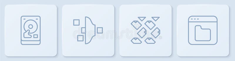Setați setarea setării de filtre flux de date și de fișiere de browser pentru hard disk în linie. buton pătrat alb. vector stock illustration
