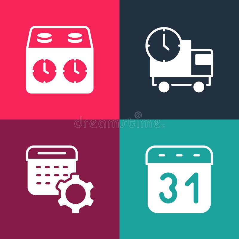 Setați setările calendarului pop-art pentru camionetă și pentru ora și ora ceasului de șah. vector royalty free illustration