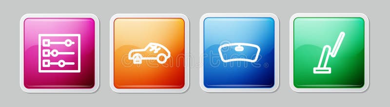 Setați setările pentru mașinile cu linie, parbrizul și ștergătorul de parbriz. buton pătrat colorat. vector vector illustration
