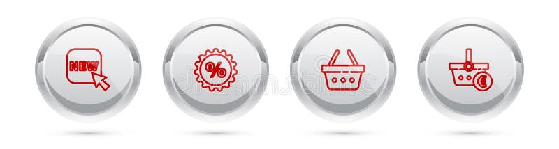 Setați un buton linie cu text nou coș de cumpărături cu discount și preț și euro. buton cerc de argint. vector vector illustration