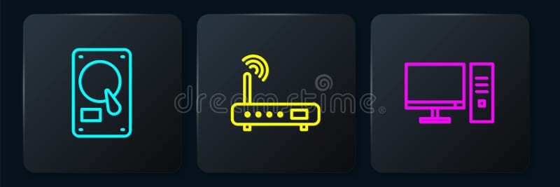 Setați un monitor de computer cu unitate hard disk de linie și ruter și semnal wifi. buton pătrat negru. vector stock illustration