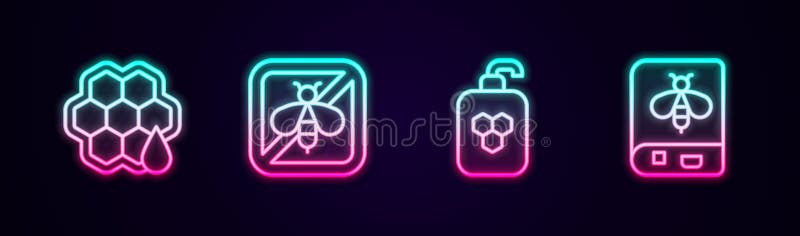 Setați un tub cosmetic pentru albine în formă de fagure cu miere și rezervați despre. pictogramă neon strălucitor. vector vector illustration
