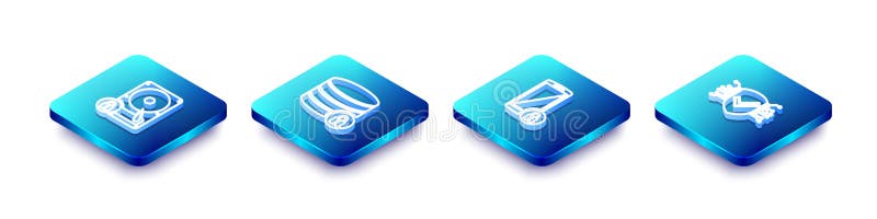 Setați unitatea de hard disk de linie izometrică și blocați securitatea serverului cu ajutorul smartphone și al pictogramelor cibe stock illustration