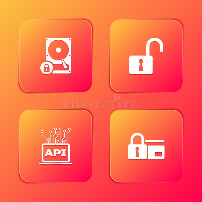 Setați unitatea de hard disk și blocați interfața API pentru computerele cu lacăt și cardul de credit cu pictograma. vector vector illustration