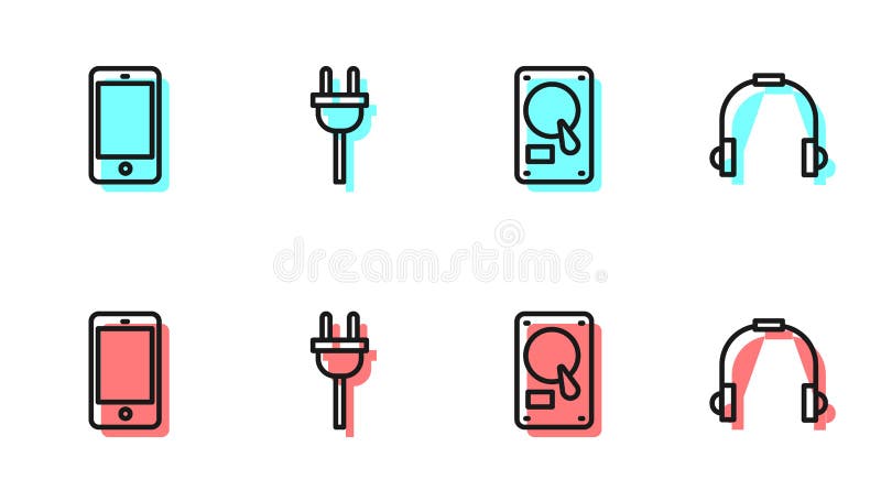 Setați unitatea hard disk de linie cu conector pentru telefon mobil cu smartphone și pictograma pentru căști și mufe. vector stock illustration