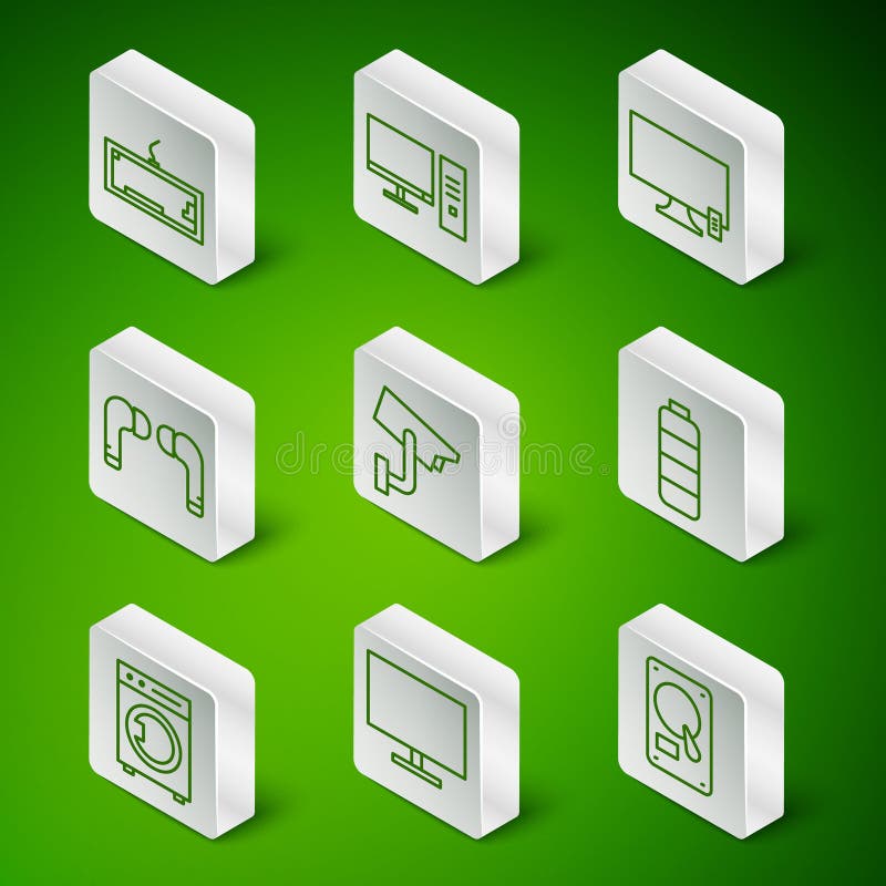 Setați unitatea hard disk de linie cu monitor de computer cu tastatură de securitate cu cameră de luat vederi și baterie vector illustration