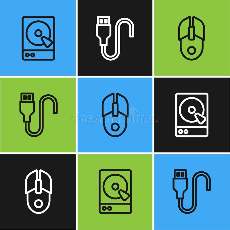 Setați unitatea hard disk de linie cu mouse computer și pictograma pentru cablu USB. vector stock illustration