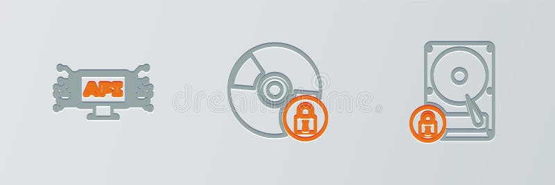 Setați unitatea hard disk de linie și blocați interfața API pentru computer și CD sau DVD-ul cu pictograma. vector stock illustration