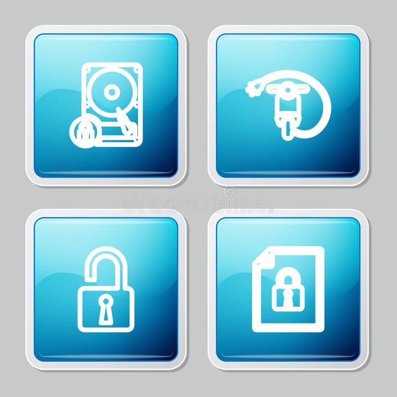 Setați unitatea hard disk de linie și blocați scuterul electric și deschideți lacătul și pictograma documentului. vector royalty free illustration