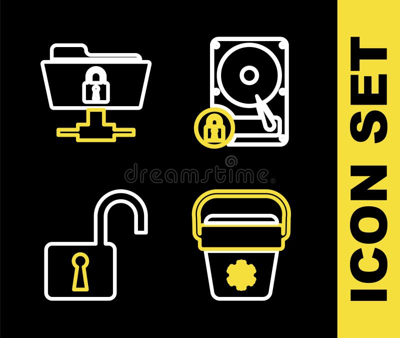 Setați unitatea hard disk de linie și fixați geanta frigorifică și deschideți lacătul și pictograma folderului de fișiere. vector vector illustration