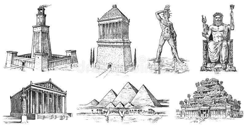Sete maravilhas do mundo antigo Pirâmide de Giza, jardins de suspensão de Babylon, Templo de Ártemis em Ephesus, Zeus em