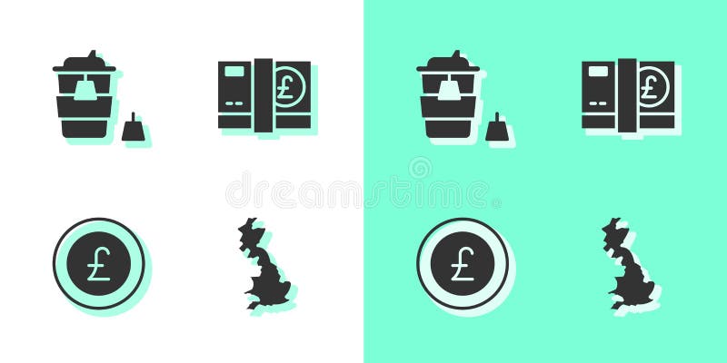 Setează Anglia harta ceașcă de cafea pentru a merge bani monedă cu lire sterline și lire sterline pictogramă. vector vector illustration