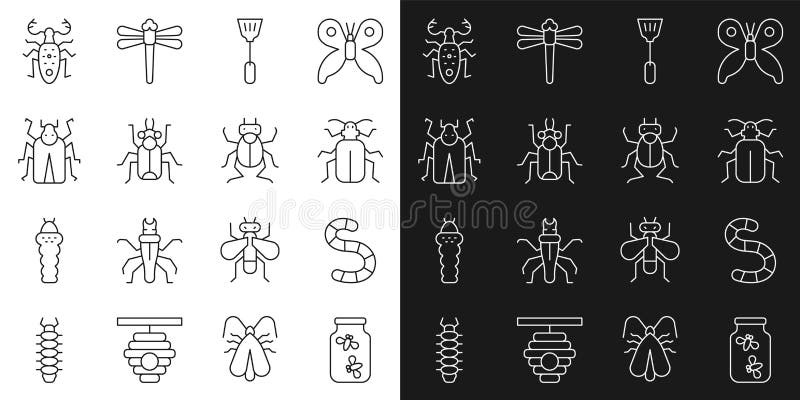 Setează bug-uri de licurici linie într-un borcan vierme cafer gândaci sapă cerb și pictogramă. vector stock illustration