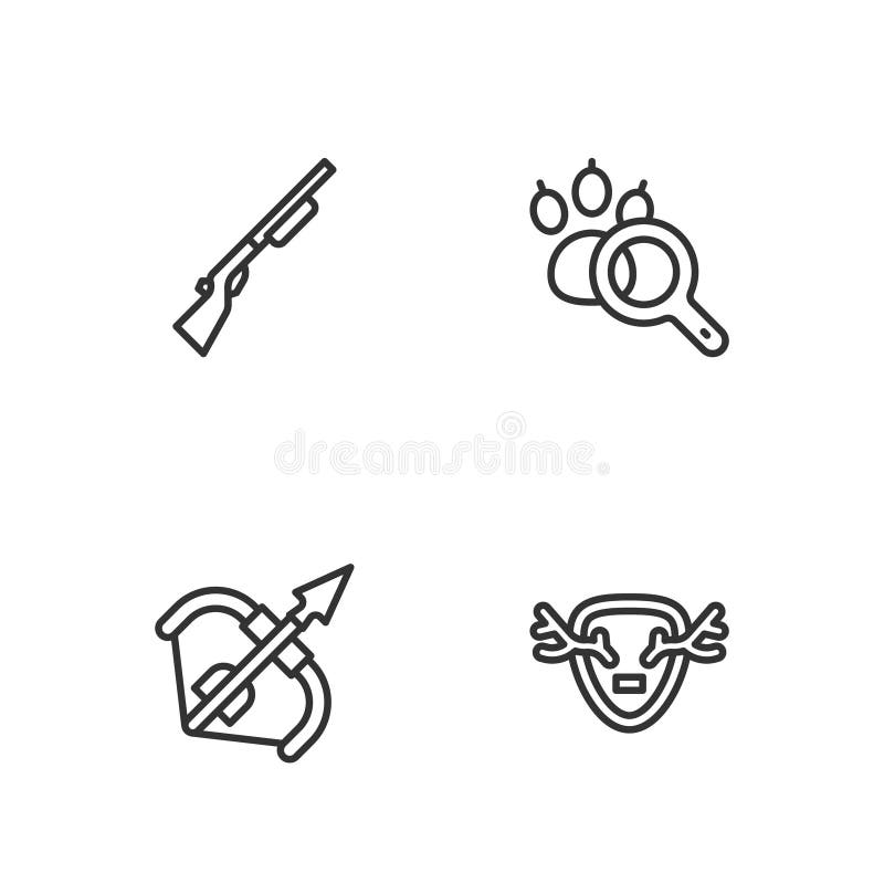 Setează coarne de cerb linie pe arcul medieval scutului și pe arma de vânătoare cu săgeți și pictograma de căutare a lăstarilor. v vector illustration