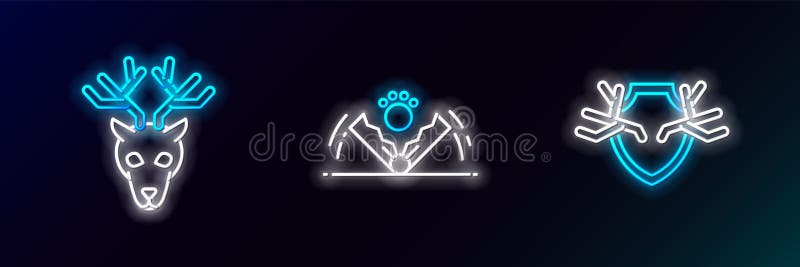 Setează coarne de cerb linie pe capul scutului cu pictograma de vânătoare și capcane. neon strălucitor. vector vector illustration