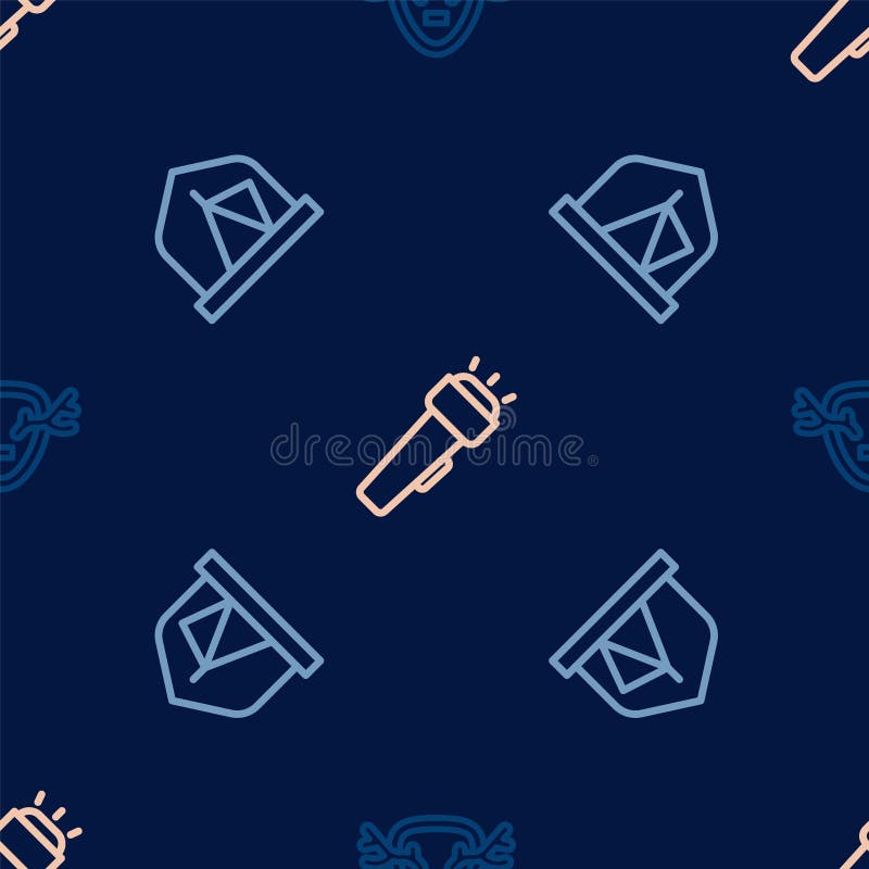 Setează coarne de cerb linie pe cortul turistic scut și lanternă pe tiparul fără sudură. vector stock illustration