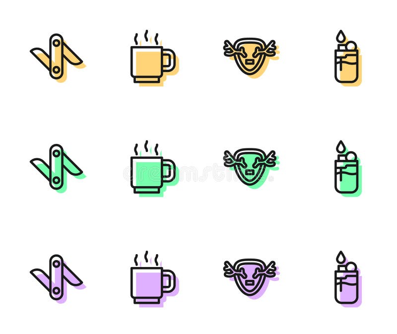 Setează coarne de cerb linie pe scutul brichetelor elvețiene și pe pictograma brichetă. vector stock illustration
