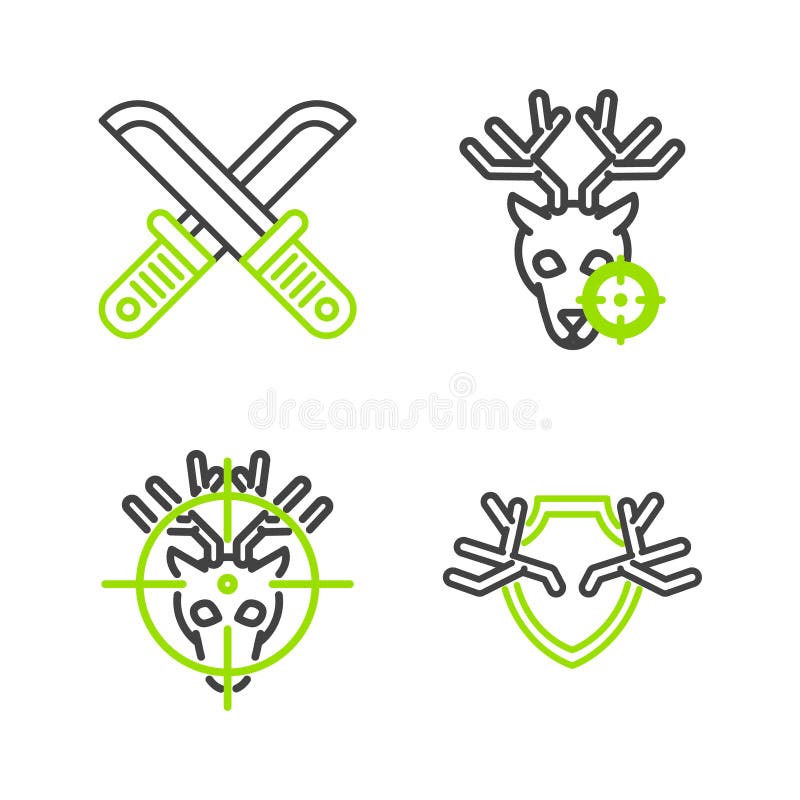 Setează coarne de cerb linie pe cerb vânătoare de scut cu crosshairs și pictogramă cuțit vânător încrucișat. vector royalty free illustration