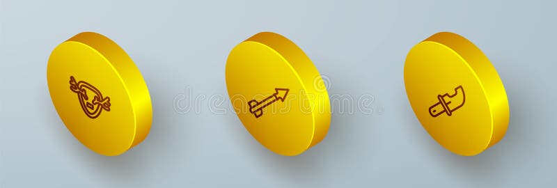Setează coarne izometrice de cerb linie pe săgeata mediană a scutului și pe pictograma cuțitului de vânător. vector royalty free illustration
