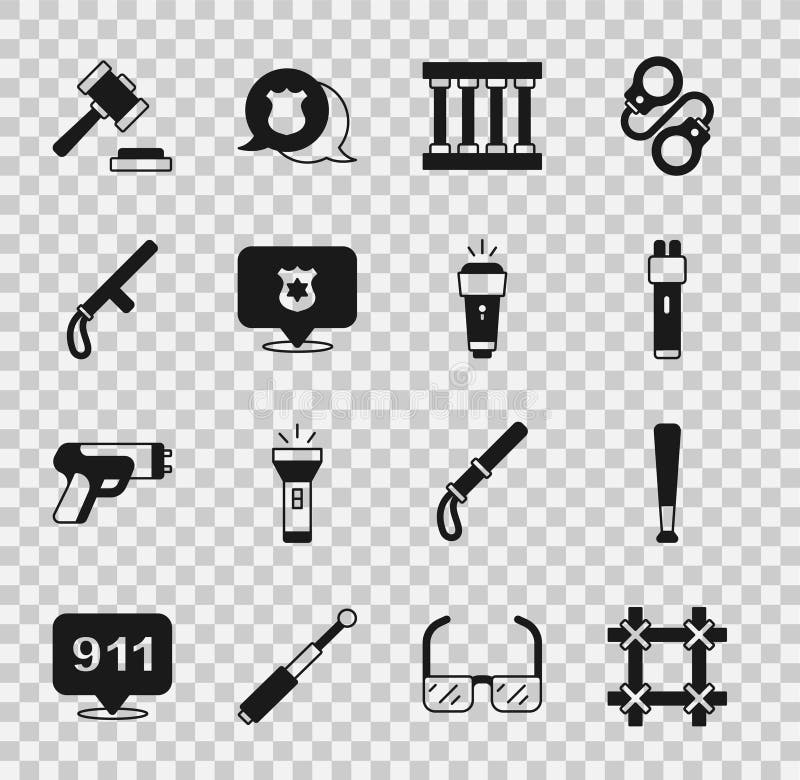 Setează fereastra de la închisoare bâtă de baseball de poliție electrificare insignă cu baston de cauciuc judecator Gavel și lante vector illustration