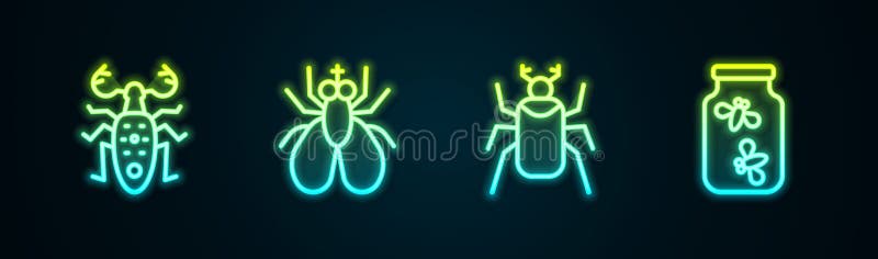 Setează insectele de căprioară de căprioară în linie și insectele de licărire într-un borcan. pictograma Strălucire neon. vector royalty free illustration