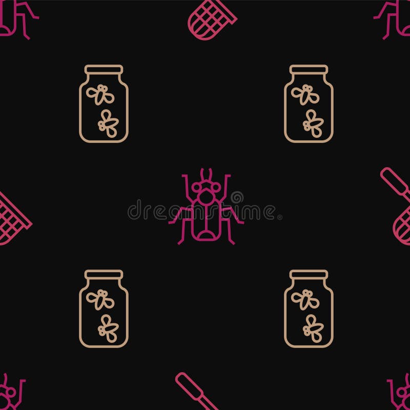 Setează insectele de licărire cu plasă fluture într-un borcan și gândacul pe un model fără sudură. vector stock illustration