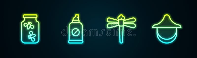 Setează insectele lichefiante într-un borcan pulverizat împotriva insectelor dragonfly și pălărie de apicultor. pictograma Străluc stock illustration