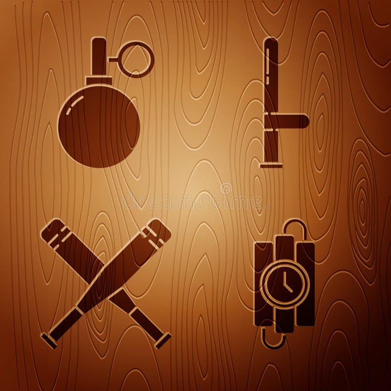 Setează stick-ul de dinamită și cronometru grenade de mână încrucișate cu bâtă de baseball și baston de cauciuc al poliției pe fon royalty free illustration