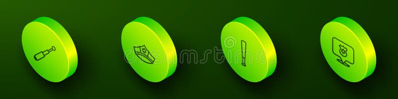 Setează un capac telescopic cu linie izometrică pentru poliție cu carabină de baseball și insignă. vector vector illustration