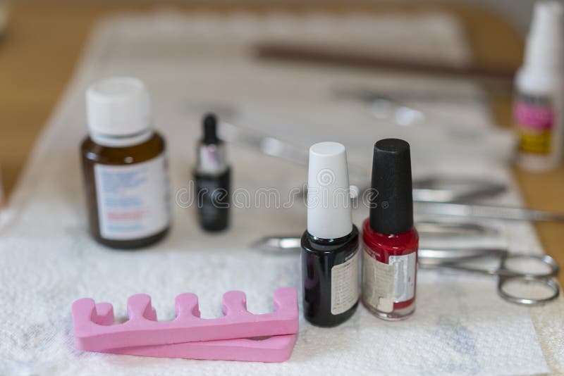 Seth instruments for pedicure. Basic set of manicure tools on white background. Nail and cuticle scissors, cuticle trimmer, nail f stock photography