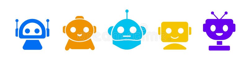 Sets of colorful robot smiling face icon. Futuristic cute help bots. stock illustration