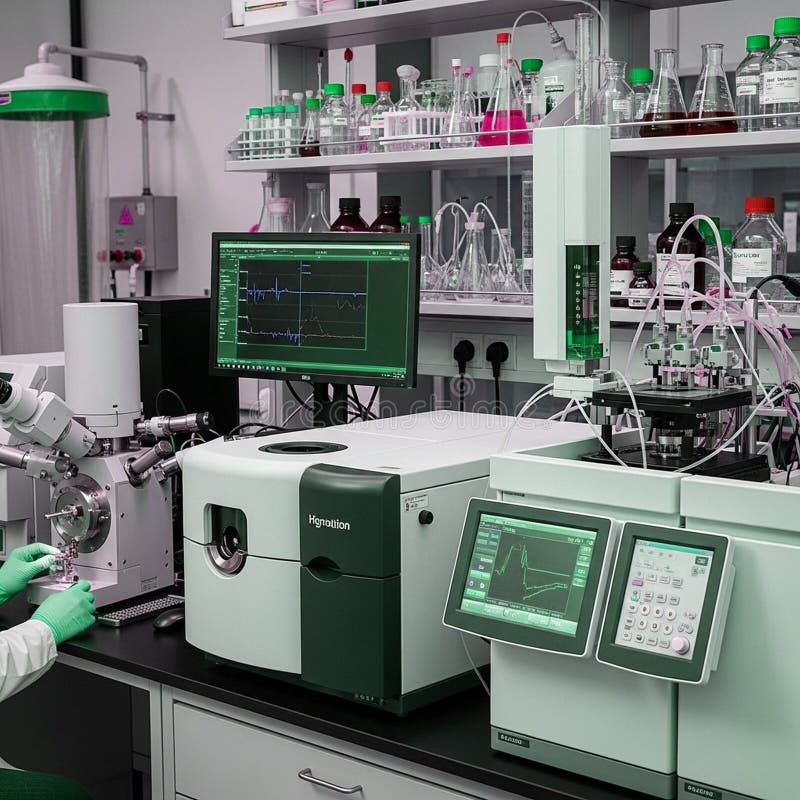 Setting with advanced scientific equipment and analytical instrument royalty free illustration