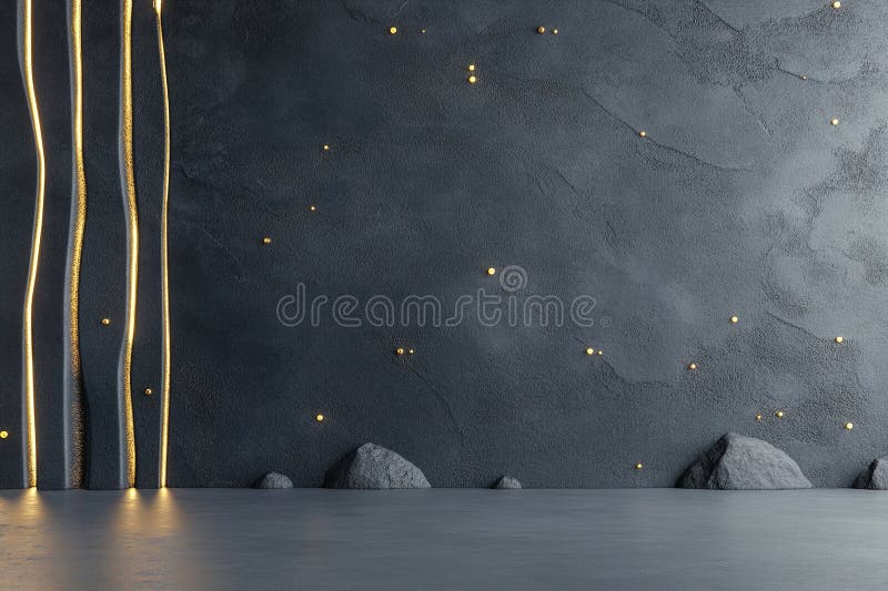 The setting features a dark matte black concrete wall with illuminated accents, creating an intimate ambiance. Soft stock photo