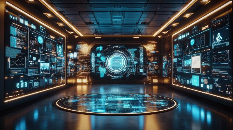 Futuristic digital control room with glowing screens and high-tech interface. Generative AI. This setting features a sleek control room illuminated by vibrant blue lights and multiple screens displaying data. The futuristic design creates an immersive technological atmosphere.