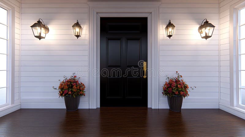 This setting features a striking black front door complemented by a classic lantern and a lush green plant, all set royalty free stock photography