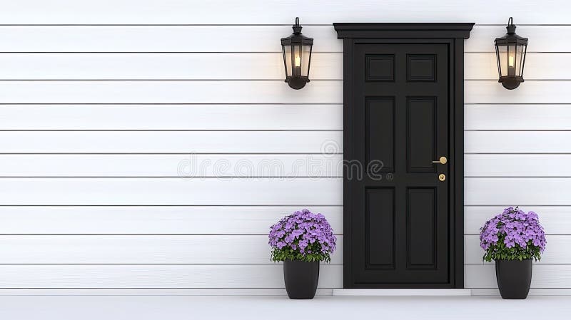 This setting features a striking black front door complemented by a classic lantern and a lush green plant, all set royalty free stock photography