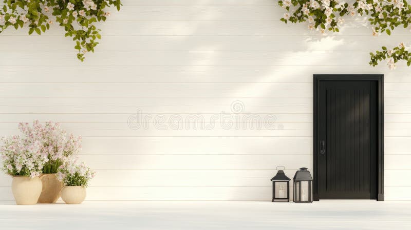 This setting features a striking black front door complemented by a classic lantern and a lush green plant, all set royalty free stock photo
