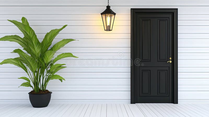 This setting features a striking black front door complemented by a classic lantern and a lush green plant, all set royalty free stock photography