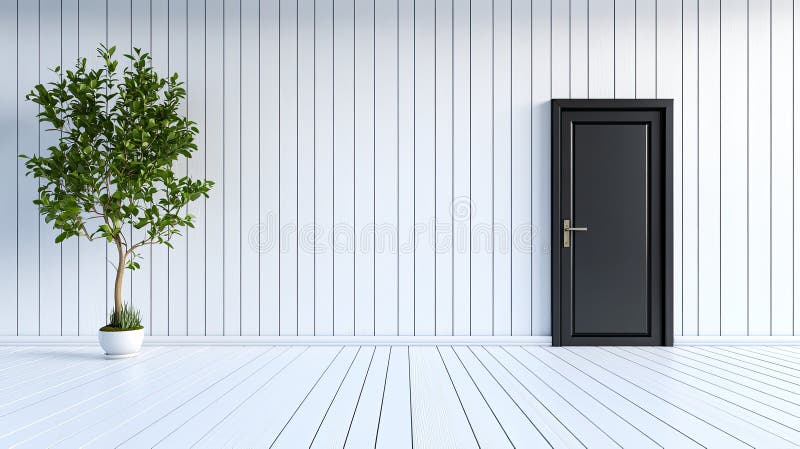 This setting features a striking black front door complemented by a classic lantern and a lush green plant, all set stock photography
