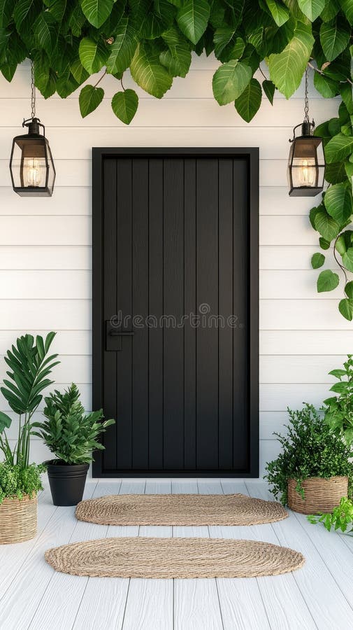 This setting features a striking black front door complemented by a classic lantern and a lush green plant, all set royalty free stock photography