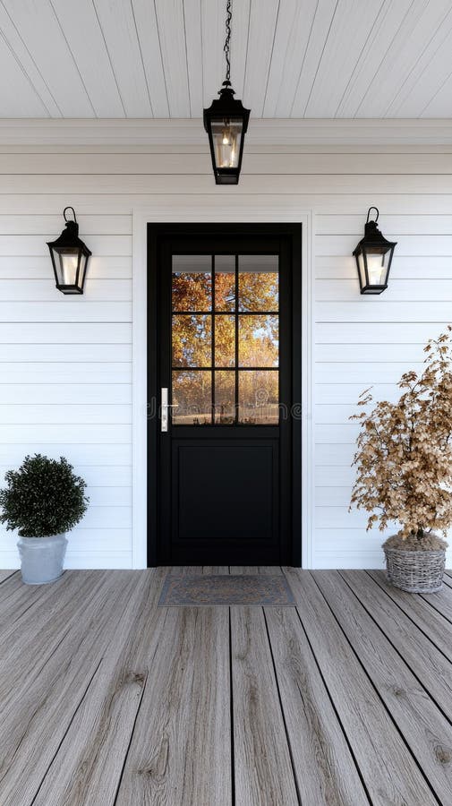 This setting features a striking black front door complemented by a classic lantern and a lush green plant, all set stock photos